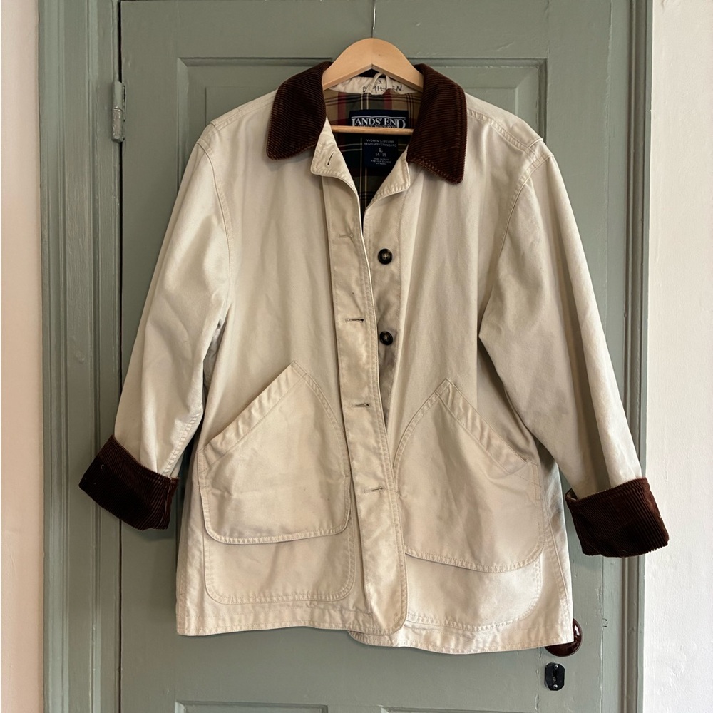 Lands' End Cream Jacket with Brown Corduroy Trim